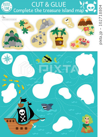 Vector pirate cut and glue activity. Crafting game with cute island map and sea landscape. Fun treasure hunt printable worksheet for children. Find the right piece of the puzzle. Complete the picture 102718804