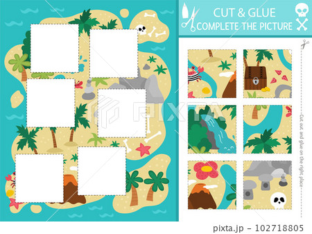 Vector pirate cut and glue activity. Crafting game with cute treasure island map. Fun sea adventures printable worksheet for children. Find the right piece of the puzzle. Complete the picture 102718805