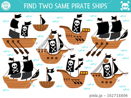 Find two same pirate ships. Treasure island matching activity for children. Sea adventures educational quiz worksheet for kids for attention skills. Simple printable game with cute boats 102718806