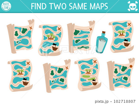 Find two same maps. Treasure island matching activity for children. Sea adventures educational quiz worksheet for kids for attention skills. Simple printable game with cute plans 102718807