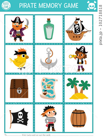 Vector pirate memory game cards with cute traditional treasure island symbols. Sea adventure matching activity. Remember and find correct card. Simple printable worksheet for kids Vector pirate memory game cards with cute traditional treasure island symbols. Sea adventure matching activity. Remember and find correct card. Simple printable worksheet for kids 102718818