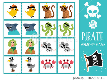 Vector pirate memory game cards with cute animals. Sea adventure matching activity. Treasure island remember and find correct card. Simple printable worksheet for kids with parrot, octopus 102718819