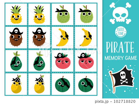 Vector pirate memory game cards with cute kawaii fruit. Sea adventure matching activity. Treasure island remember and find correct card. Simple printable worksheet for kids 102718820