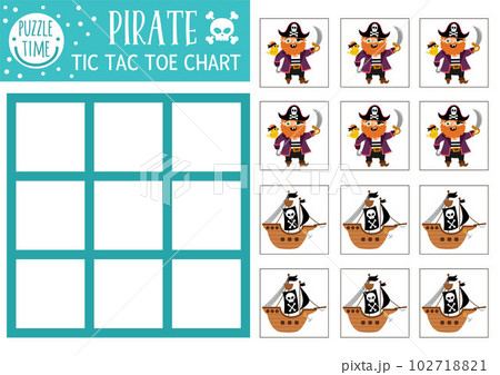 Vector treasure island tic tac toe chart with pirate and ship. Sea adventures board game playing field with cute characters. Funny marine printable worksheet. Noughts and crosses grid 102718821
