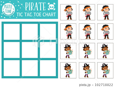 Vector treasure island tic tac toe chart with pirates. Sea adventures board game playing field with cute characters. Funny marine printable worksheet. Noughts and crosses grid 102718822