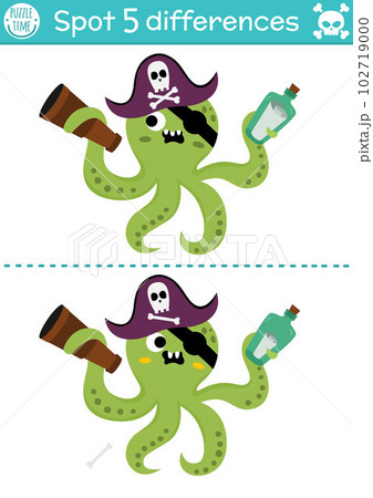 Find differences game for children. Sea adventures educational activity with cute pirate octopus and map in bottle. Treasure island puzzle for kids with funny character. Printable worksheet Find differences game for children. Sea adventures educational activity with cute pirate octopus and map in bottle. Treasure island puzzle for kids with funny character. Printable worksheet 102719000