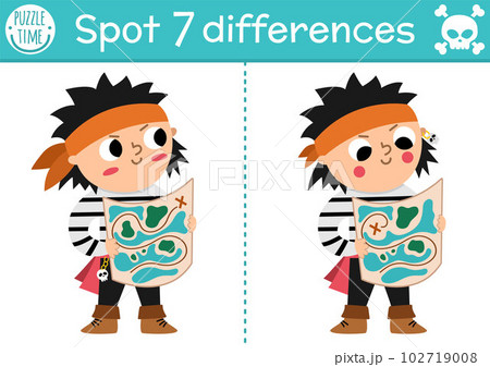 Find differences game for children. Sea adventures educational activity with cute pirate boy with map. Puzzle for kids with funny character. Marine printable worksheet or page Find differences game for children. Sea adventures educational activity with cute pirate boy with map. Puzzle for kids with funny character. Marine printable worksheet or page 102719008