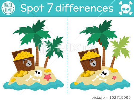 Find differences game for children. Sea adventures educational activity with cute treasure island and chest. Tropical puzzle for kids with funny scene. Marine printable worksheet or page Find differences game for children. Sea adventures educational activity with cute treasure island and chest. Tropical puzzle for kids with funny scene. Marine printable worksheet or page 102719009