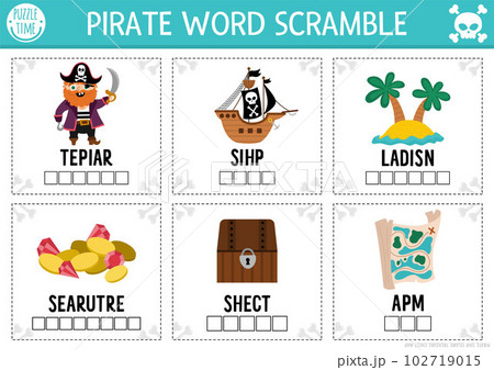 Vector pirate word scramble activity page. English language game with ship, treasure island, chest for kids. Sea adventures family quiz with map, parrot. Educational printable worksheet. 102719015