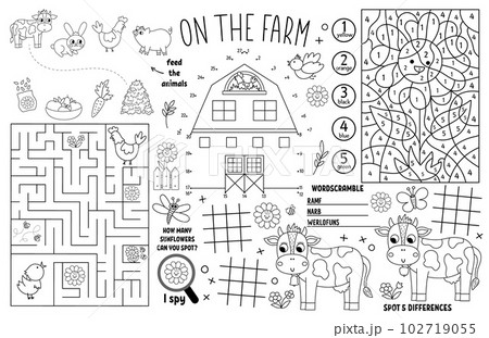 Vector on the farm placemat for kids. Country farm printable activity mat with maze, tic tac toe charts, connect the dots, find difference. Farmhouse black and white play mat or coloring page 102719055