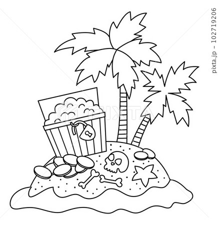Vector black and white tropical island icon. Cute sea isle with sand, water, palm trees. Outline illustration. Treasure island picture with chest, coins, skull. Pirate party coloring page 102719206