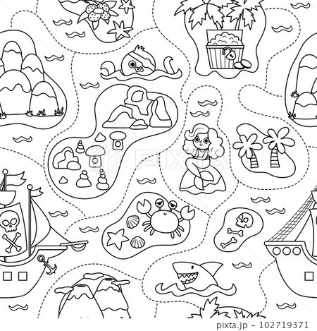 Vector black and white treasure island seamless...のイラスト素材 [102719371 ...