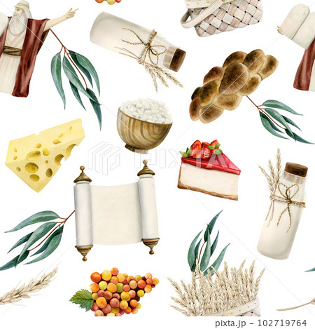 Shavuot seamless pattern with symbols on white for festive wrapping greetings. Watercolor challah, milk, cheese, wheat 102719764