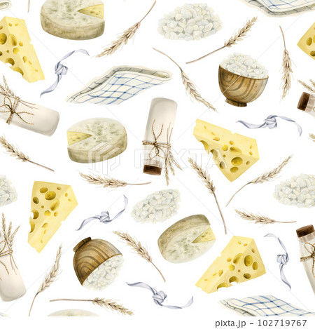 Watercolor dairy products seamless pattern with cheeses, camembert, milk, tea towel, cottage cheese and wheat on white Watercolor dairy products seamless pattern with cheeses, camembert, milk, tea towel, cottage cheese and wheat on white 102719767