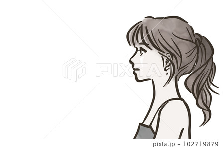 ポニーテールの女性の横顔・モノクロ・背景なし ポニーテールの女性の横顔・モノクロ・背景なし 102719879