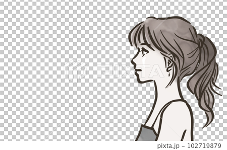 ポニーテールの女性の横顔・モノクロ・背景なし ポニーテールの女性の横顔・モノクロ・背景なし 102719879