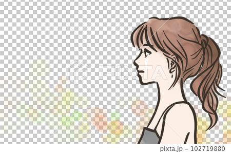 ポニーテールの女性の横顔・カラー・光の背景 ポニーテールの女性の横顔・カラー・光の背景 102719880