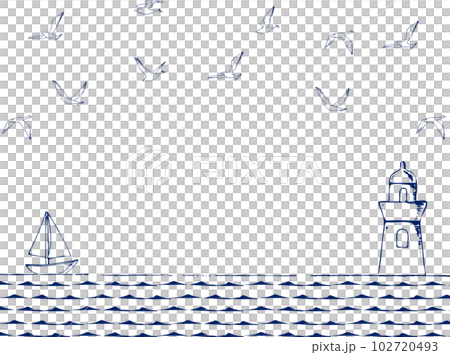 A frame of a lighthouse, the sea, and a seagull drawn with a pen 102720493
