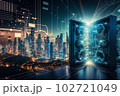 Big data connection technology. Cityscape telecommunication and communication network concept. Generative AI 102721049