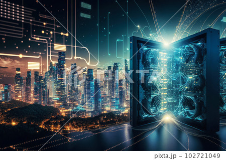 Big data connection technology. Cityscape telecommunication and communication network concept. Generative AI 102721049