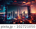 Big data connection technology. Cityscape telecommunication and communication network concept. Generative AI 102721050