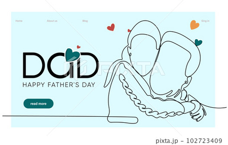 Hugs of a father with a child. One continuous line drawing banner, background, poster with family embrace. Happy Father Day simple vector illustration of child and father. Vector illustration Hugs of a father with a child. One continuous line drawing banner, background, poster with family embrace. Happy Father Day simple vector illustration of child and father. Vector illustration 102723409