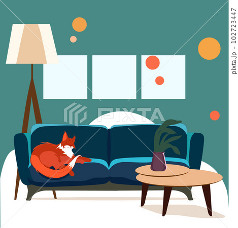 A cartoon drawing of a cat on a couch, living room with sofa. Vector illustration in flat style. Vector illustration 102723447
