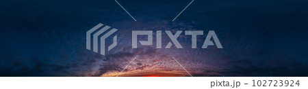 Dark Sunset sky panorama with glowing pink Cirrus clouds. HDR 360 seamless spherical panorama. Full zenith or sky dome in 3D, sky replacement for aerial drone panoramas. Climate and weather change. 102723924