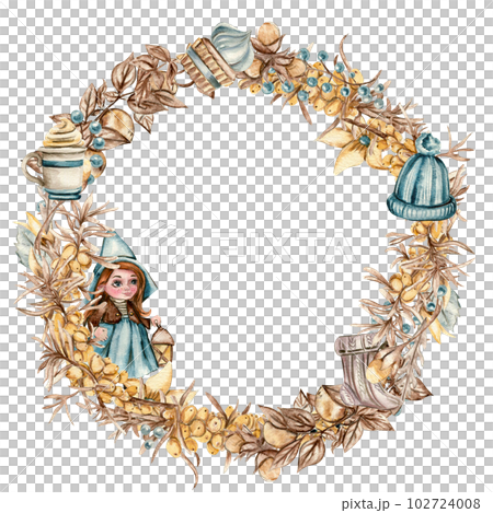 Flowers sea buckthorn wreath, for cards,backgrounds. Watercolor illustration for scrapbooking. Cartoon hand drawn background with flower for kids design.Perfect for wedding invitation. 102724008