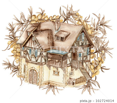 Watercolor hand drawn autumn farm house and sea buckthorn. Hand drawn illustration of autumn. Perfect for scrapbooking, kids design, wedding invitation, posters, greetings cards, party decoration. 102724014