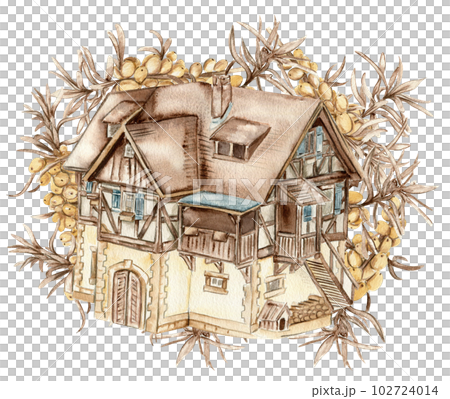 Watercolor hand drawn autumn farm house and sea buckthorn. Hand drawn illustration of autumn. Perfect for scrapbooking, kids design, wedding invitation, posters, greetings cards, party decoration. 102724014