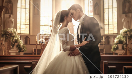 結婚式、タキシードの男性とウエディングドレスの女性　AI画像 102724139