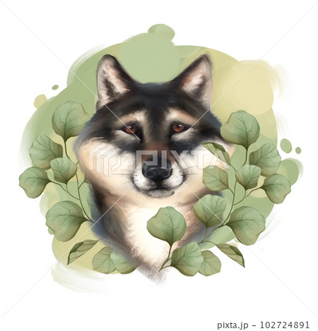 Cute dog with leaves. Spring animal illustration 102724891