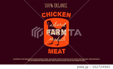 Chicken background. Poultry meat organic logo. Hen icon. Domestic animal stamp. Vintage BBQ menu design. Steak or breast from butcher. Natural farm product. Food package label. Vector banner design Chicken background. Poultry meat organic logo. Hen icon. Domestic animal stamp. Vintage BBQ menu design. Steak or breast from butcher. Natural farm product. Food package label. Vector banner design 102724985