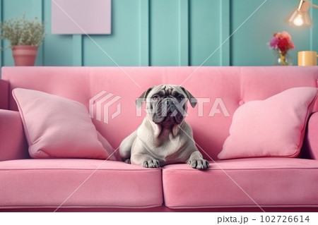 Pug dog lying on pink sofa, pet waiting on couch in room, generative AI. 102726614