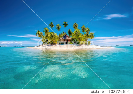 Small tropical island with hut and palms surrounded sea blue water, generative AI. 102726616