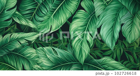 Tropical leaves background, green floral pattern as illustration, generative AI. 102726618