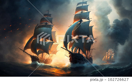 Battle of sea, old sailing ships in fire and...のイラスト素材