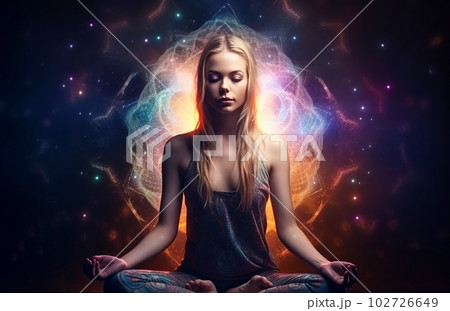 Young woman practices yoga and meditation with space energy, fantasy view, generative AI 102726649