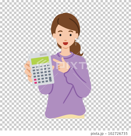 A woman in a sweatshirt standing and pointing at a calculator 102726735