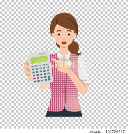 一位身穿文員制服的女士站著指著計算器 一位身穿文員制服的女士站著指著計算器 102726737
