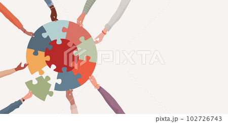 Missing link.Arms of hands of people or co-workers of diverse races holding jigsaw puzzle pieces that connect. Problem solving.Union and teamwork. Collaborating.Strategy.Match. Toy 102726743