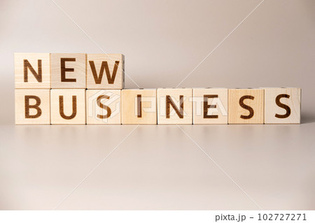 The word NEW BUSINESS on wooden cubes on a beige neutral studio background. Copy Space. Written. Text words matter. Conceptual Photo. Career symbol. The concept of volume increase make business grow. 102727271