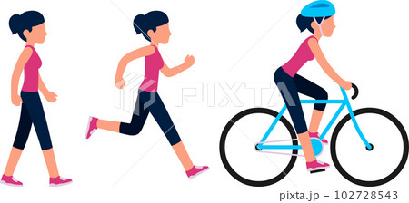 Woman walking, running and riding a bicycle 102728543