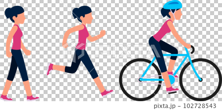 Woman walking, running and riding a bicycle 102728543
