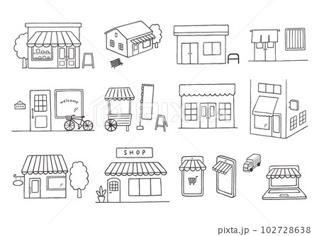 いろんなお店の手描きイラストセット(モノクロ) いろんなお店の手描きイラストセット(モノクロ) 102728638