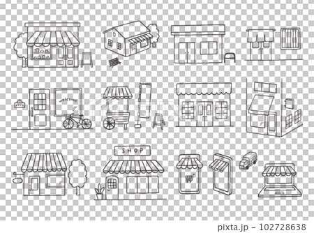 いろんなお店の手描きイラストセット(モノクロ) いろんなお店の手描きイラストセット(モノクロ) 102728638