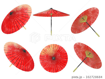 赤い和傘の水彩イラスト素材セット 102728684