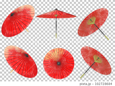 赤い和傘の水彩イラスト素材セット 102728684