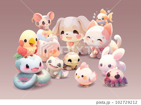 Group of a cute little animals with a kind smiling face and big eyes. 102729212